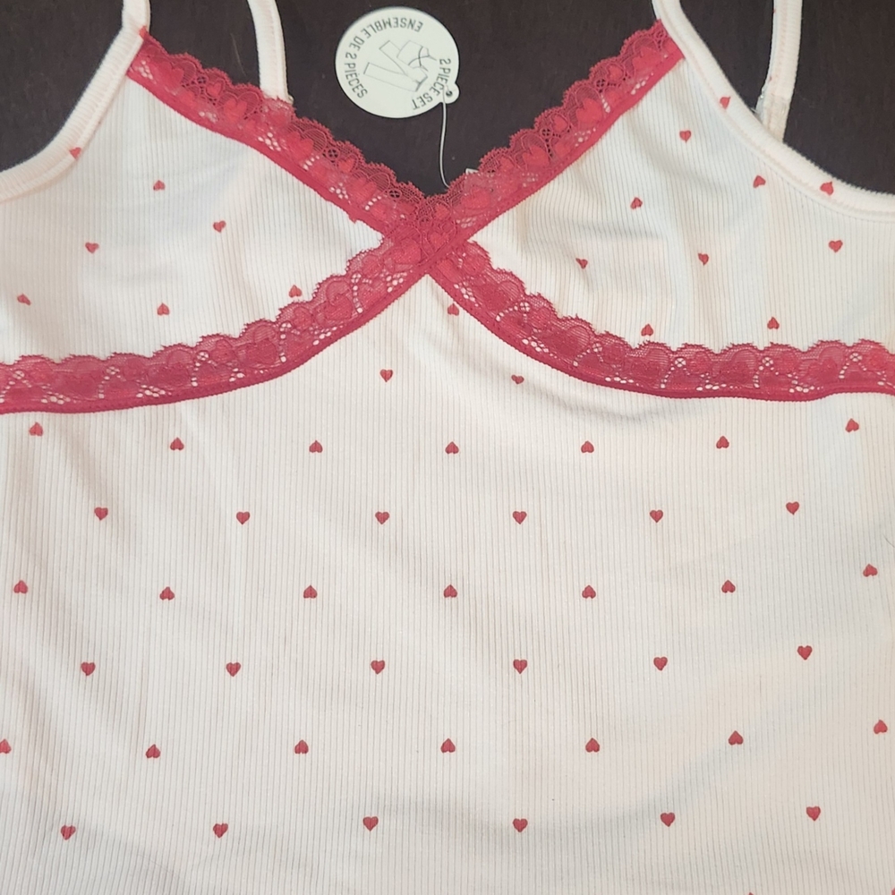 White Tank Top with Red Hearts and Lace
